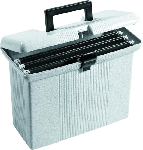 Pendaflex Portable File Box with File Rails, Simple Document Storage, File Bin for Home and Office, Hinged Lid with Double Latch Closure, Granite, 3 Hanging Folders Included, 11" x 14" x 6.5" (41737)