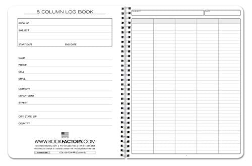BookFactory 5 Column Log Book, Wire-O, 100 Pages | Columnar Notebook Format, 8.5'' x 11'' - Made in USA - size: 5 Column, style: Wire-O