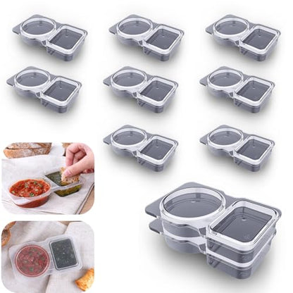 VOUKEN 10Pcs Double Compartment Condiment Container with Lid Double Compartment Snack Containers Double Compartment Snack Containers for to-go Sauce, Sampling, Travel Snack (Transparent 10PCS) - color: Transparent 10PCS