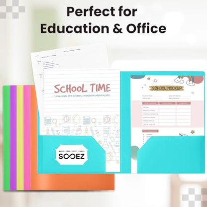 Sooez 6Pack Folders with Pockets, Pastels Colors, Heavy Duty Pocket Folder, Plastic Folders with Pockets, 2-Pocket Folder Bulk, Aesthetic File Folder, Back to School Office Filing Supplies - color: Bright Colors