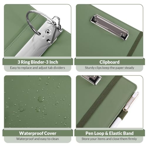 SKYDUE 3 Ring Binder 3 Inch D Ringr with Clipboard, PU Heavy Duty Clipboard Binder with Notepad & 5 Dividers with 5 Pockets, Labels, Clipboard Folder Great for School Office - color: Olivegreen, size: Letter Size - 3 Inch