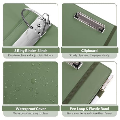 SKYDUE 3 Ring Binder 3 Inch D Ringr with Clipboard, PU Heavy Duty Clipboard Binder with Notepad & 5 Dividers with 5 Pockets, Labels, Clipboard Folder Great for School Office - color: Olivegreen, size: Letter Size - 3 Inch