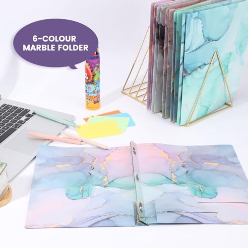 Ddaowanx Folders with Pockets and Prongs, 6 Pack 2 Pocket 3 Prong Cute Marble Style Folder,Plastic Folders for Documents Back to School Supplies(6)
