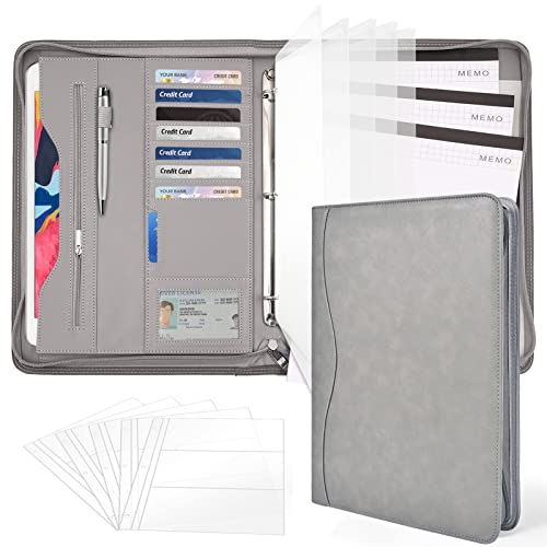 3-Ring Padfolio Portfolio Binder Organizer,PU Leather Folder Binder Business Planner Notebook Zippered Portfolio for Women/Men with Document Sleeve,Letter/A4 Size Clipboard - color: Grey-3