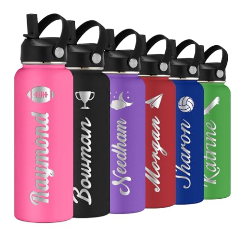 Personalized Water Bottle with Straw Lid for School,Custom Engraved Insulated Stainless Steel Sports Water Bottle with Name for Girls Boys Women Men(24oz/32oz/40oz,12 Colors) - color: Deep Pink, style: Sports