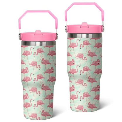 30 oz Flamingo Tumbler with Handle, Large Insulated Tumbler with Flip & Straw Coffee Mug Cup Stainless Steel Gifts for Women Men Youth - color: Flamingo