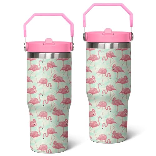 30 oz Flamingo Tumbler with Handle, Large Insulated Tumbler with Flip & Straw Coffee Mug Cup Stainless Steel Gifts for Women Men Youth - color: Flamingo