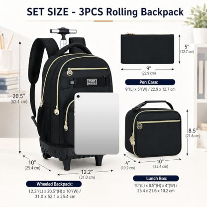 3Pcs Rolling Backpack for Boys Men, 19 Inche Adults Roller Backpacks with Wheels, School Wheeled Bookbag with Lunch Box(Black) - color: Classic Black