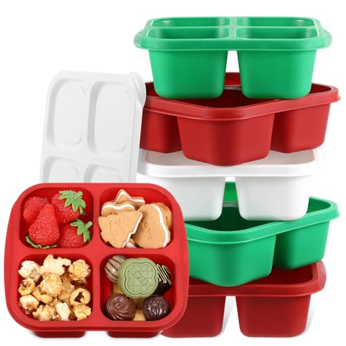 Honeydak 5 Pack Snack Containers 4 Compartment Bento Snack Boxes Reusable Lunchable Containers with Lids Divided Meal Prep Lunch Food Storage Box for School Work Travel(Christmas,Equal) - color: Christmas, style: Equal