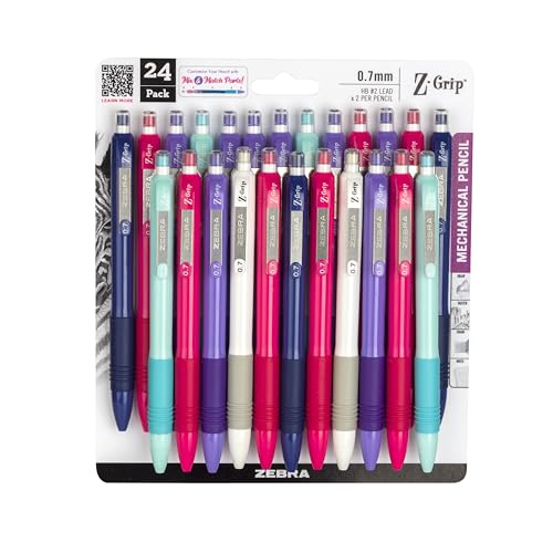 Zebra Pen Z-Grip Mechanical Pencil, 0.7mm #2 HB, Bright Barrels, 24-Pack | Latex-Free Grip, Smooth Writing, Comes Pre-Loaded with Lead and Eraser, Refillable, Ideal for School Supplies (50424) - color: Assorted Brights B