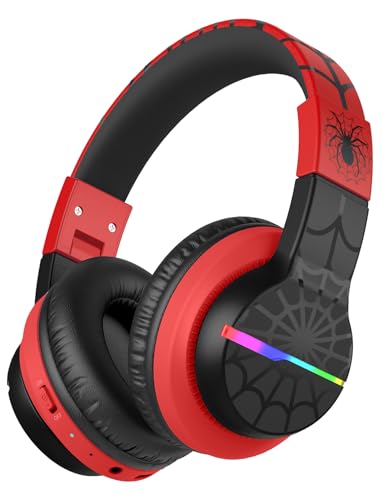 iClever BTH12 Kids Bluetooth Headphones,Colorful LED Lights,74/85dBA Safe Volume,85H Playtime,Fast Charging,Bluetooth 5.2,Over Ear Kids Headphones Wireles for iPad/Tablet/Airplane,Black/Red - color: Black/Red