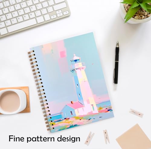 XUNLURY Pink Coastal Ocean Notebook, Pastel Lighthouse Seascape Journal, Summer Coastal Beach House Journal, Beach Lover Gifts Hardcover Spiral Notebooks, 5.5x8.3 Inch - color: Color_Dd