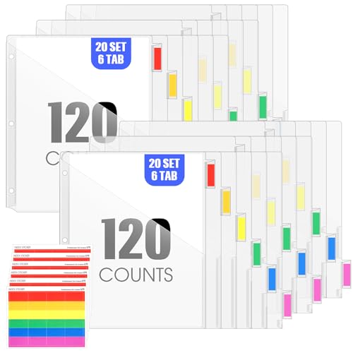 Chuangdi 20 Sets Binder Dividers with Tabs Pockets 6 Tab Plastic Dividers for 3 Ring Binder for School Office Document Organizers Protection (Clear) - color: Clear