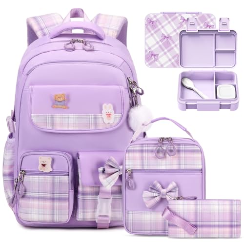 ACESAK Backpack for Girls - Bento Box with Insulated Lunch Bag Pencil Case & Utensils Set for Kids, 4 Leakproof Compartments Removable Tray Lunches or Snack Container for School (Purple) - color: Purple