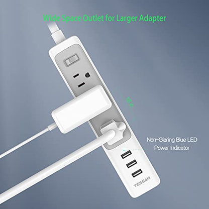 Flat Plug Power Strip with USB, TESSAN Slim Nightstand Desktop Charging Station with 3 USB Ports 3 Electrical Outlet, 5 ft Extension Cord Long Power Strip Mountable for Home, Office Dorm Essentials
