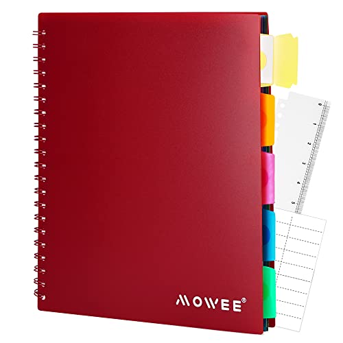 Spiral Notebook - 5 Subject Notebook, College Ruled Notebook With Dividers Pocket, Tabs Label, 11" Ruler, 100 Sheets of 200 Pages, for Writing Journal, Home & Office, School Supplies, | 200 Pages, 11" Ruler, 8.5"x11" Red, Pocket Dividers with Tab Labels,
