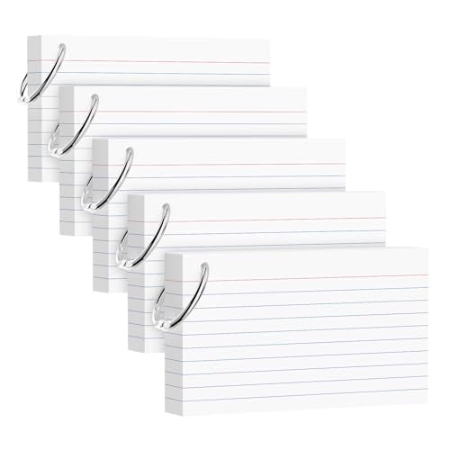 250 Count White Index Cards 3x5 Inch with Key Ring, 180gsm Heavyweight Flash Card (50 Sheets Each), Durable & Portable Note Taking for Students, Teachers, Study Note Cards for Office Home School - color: White 5 Pack