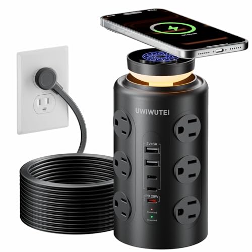 Tower Power Strip Surge Protector with Wireless Charging & Night Light - PD20W Fast Charging Station,12 Outlets, 5 USB (3 USB-C),1800J Protection, 10FT Extension Cord, Home Office Essentials(Black) - color: Black, size: 10FT with Night Light & Wireless Ch