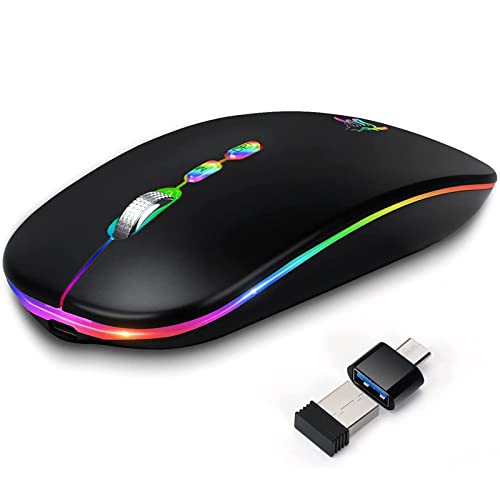 HOTLIFE LED Wireless Mouse, Slim Rechargeable Silent Portable USB Optical 2.4G Wireless Bluetooth Two Mode Computer Mice with USB Receiver and Type C Adapter (Black) - color: Black