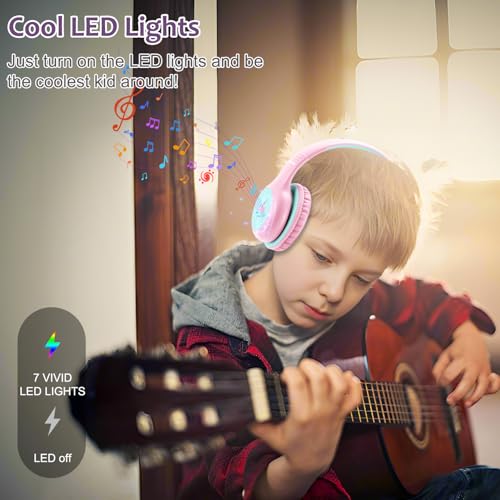 Voopwink 마이크가 있는 아동용 헤드폰, USB 타입 C 헤드폰, 어린이 여아 남아용 코드/LED 조명/85/94dB 볼륨 제한, 학교/여행/태블릿/아이패드용 휴대용 오버 이어 헤드폰 - color: 핑크