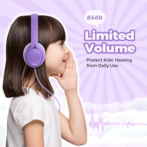 TuneFlux Upgraded Kids Headphones, Wired Toddler Headphones, 85dB Limited Volume On Ear Headphones, Portable Foldable Design, Stereo Sound Kids Headsets for School/Tablet/Travel-Purple - color: Purple