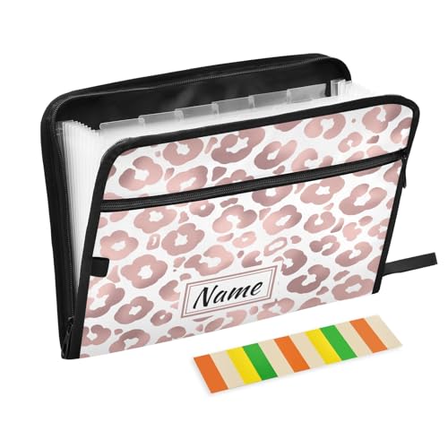 Rose Gold Leopard Wild Animal Cheetah Skin Expanding File Folder, 13 Pockets Accordion File Organizer with Sticky Labels Zipper Portable A4 Document Organizer for Home Office School Supplies - color: A4