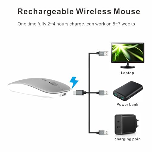 HOTDREAM Bluetooth Rechargeable Mouse for iPad Air/iPad Pro/Laptop/Tablet/iPhone/PC,Mac,MacBook,Silver - color: Silver
