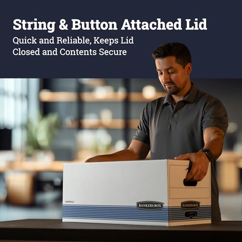 Bankers Box 12-Pack String & Button Medium-Duty File Box, Letter, FastFold | Keep important records buttoned up with secure closure, FastFold setup, reinforced handles, and stackable strength.