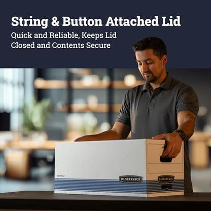 Bankers Box 12-Pack String & Button Medium-Duty File Box, Letter, FastFold | Keep important records buttoned up with secure closure, FastFold setup, reinforced handles, and stackable strength.