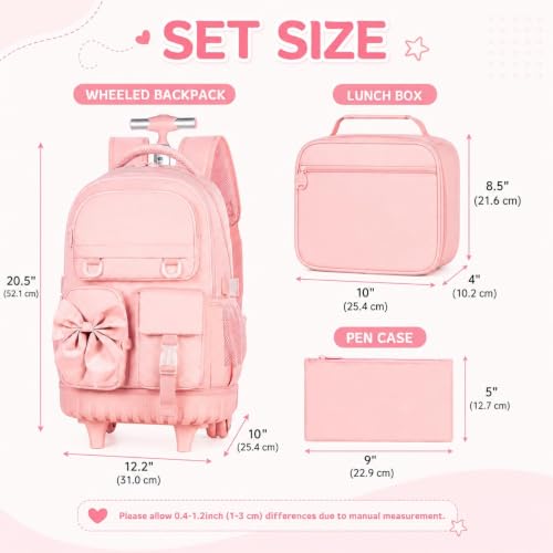 3Pcs Rolling Backpack for Girls Women, School Kids Roller Bookbag with Wheels, Wheeled Backpacks Set for Elementary (Pink) - color: Bow Pink