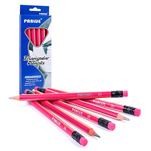Triangular Jumbo Pencils, 2B Pre-Sharpened with Eraser, Pink, 6 Pcs | Fat, Thick, Strong Wood Triangular Design for Beginners for Writing, Drawing, School, Art, Sketching and Shading - color: Pink, style: 2B Lead