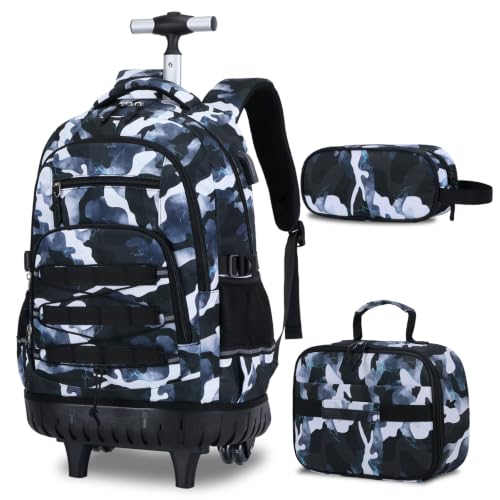 ACESAK Camo Rolling Backpack Boys, Tactical Kids Backpack Boys, Kids Suitcase for Boy Teens Elementary Middle High School, Military Backpack with Wheels and Lunch Bag Pencil Case Set (Camo Lightning) - color: Camo Lightning
