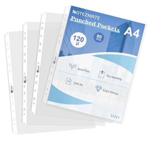 A4 Clear Sheet Protectors 11.81x 8.46in,80 Punched Pocket with Sticky Tabs,120 Micron Heavy Duty Binder Sleeves 11-Hole Plastic Page Protectors Sheet Top Loaded for 2/3/4 Ring Binder Fits A4 Paper - size: A4-80PCS