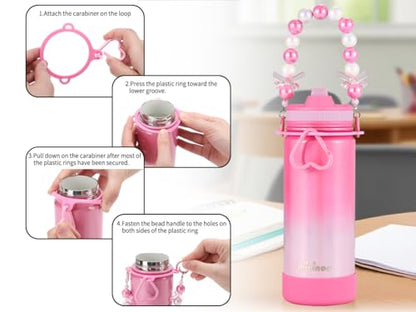 Mininoo Kids Water Bottle for School - 16 oz Stainless Steel Insulated Water Bottle with Ceramic-Lined, Leakproof Straw Lid & Beaded Handle for Girls & Boys - color: Sparkle Peach