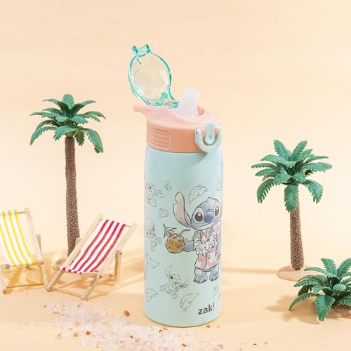 Zak Designs Disney Sage Kids Water Bottle For School or Travel, 19oz Stainless Steel Water Bottle With Straw, Handle, and Leak-Proof, Pop-Up Spout Cover (Stitch) - color: Stitch (Sage)