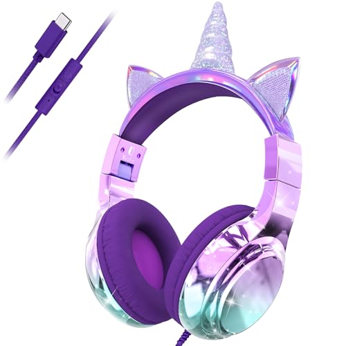 QearFun Kids Unicorn Headphones with USB C for Girls with Microphone, 85/94dB Safe Volume Limiter, Tangle-Free Cord, Share Port, Foldable Sparkly Wired Headset for School, Travel, Tablet, iPad - color: Purple unicorn