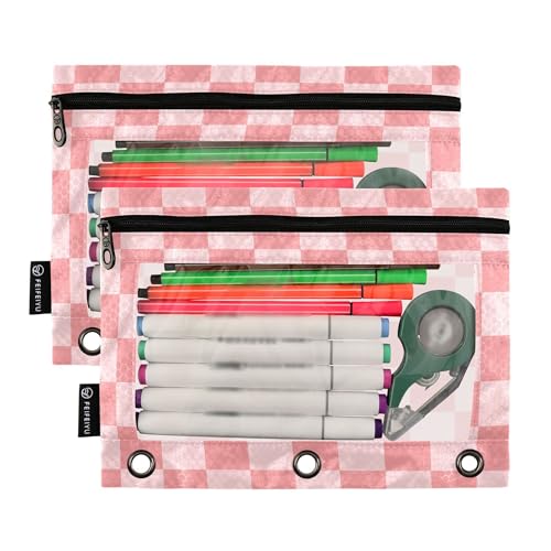 Hotpink Buffalo Plaid Binder Pouches 3 Ring for Boys Girls School Office College Supplies Pink Chessboard Lightpink Pencil Pouches Case Bag with Clear Window and Zipper 2 Pack - color: Hotpink