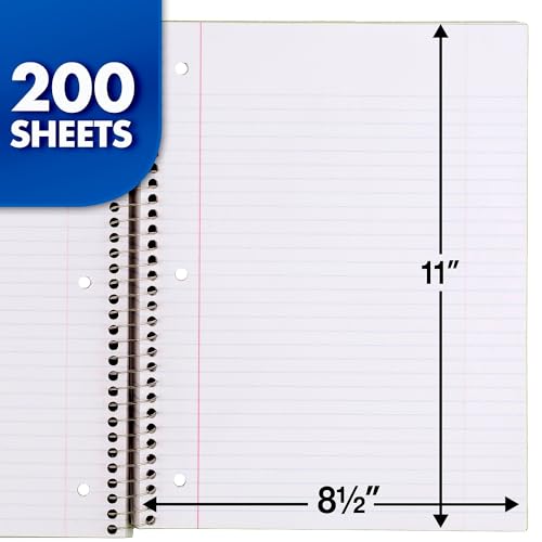 Mead Spiral Notebook, College Ruled Paper, 11" x 8", 200 Sheets, Assorted Colors, 1 Count (06780)