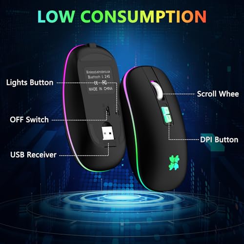 besky Wireless Rechargeable, Backlit LED Portable Silent Computer Mouse for Laptop, PC, MacBook, Chromebook, Notebook, 2.4G USB Cordless Mouse with USB-C Conversion Interface for iPad, Tablet
