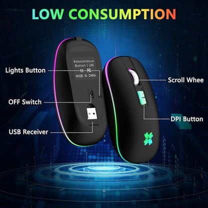 besky Wireless Rechargeable, Backlit LED Portable Silent Computer Mouse for Laptop, PC, MacBook, Chromebook, Notebook, 2.4G USB Cordless Mouse with USB-C Conversion Interface for iPad, Tablet