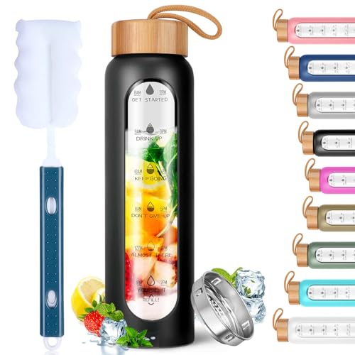 Aqulea Glass Water Bottles 25 Oz with Silicone Sleeve - BPA Free Reusable Wide Mouth Glass Motivational Water Bottles with Fruit Infuser – Leak Proof Borosilicate Water Bottle with Time Marker (Black) - color: Luxury Black, size: 25 Ounces