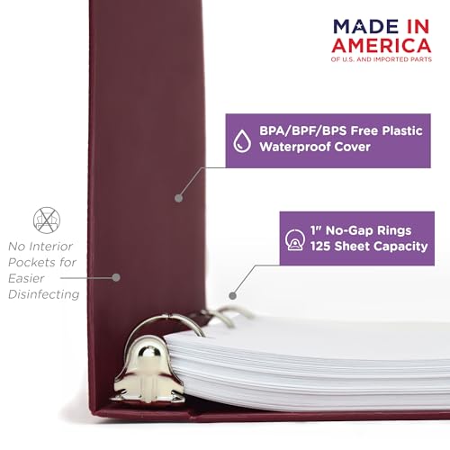 Carstens 1-Inch Heavy Duty 3-Ring Binder - Side Opening, Wine, Durable Plastic, Precision No-Gap Rings, Waterproof Cover, No Pockets, Holds 125 US Letter Sheets, BPA-Free, Made in USA (8703-3R) - color: Burgundy, size: Individual