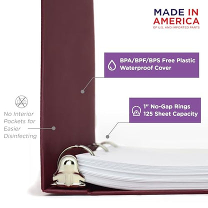 Carstens 1-Inch Heavy Duty 3-Ring Binder - Side Opening, Wine, Durable Plastic, Precision No-Gap Rings, Waterproof Cover, No Pockets, Holds 125 US Letter Sheets, BPA-Free, Made in USA (8703-3R) - color: Burgundy, size: Individual