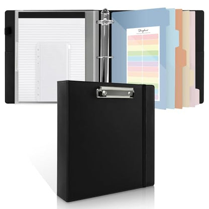 SKYDUE 3 Ring Binder with Clipboard, 2 Inch PU Heavy Duty Binder with Notepad & 5 Dividers with 5 Pockets, Labels, Clipboard Folder Great for School Office(Fit Letter Sized Paper) - color: Black, size: Letter Size - 2 Inch
