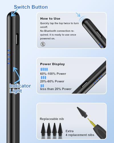 Stylus Pen for iPad (2018-2026), Fast Charge for iPad Pencil with Palm Rejection, Active Pen Compatible with Apple iPad A16 11/10/9/8/7/6, iPad Pro M5/M4/11/12.9", Mini 5/6, Air 3/4/5/M2/M3 (Black) - color: A19D-Black