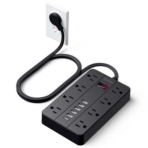Power Strip with USB Ports, HUNIAN 5 Ft Extension Cord Flat Plug with 8 Outlets, 6 USB Charger(1 USB C Port), Indoor Desk Charging Station Outlet Extender for Home and Office Accessories, Black - color: Black, size: 5FT