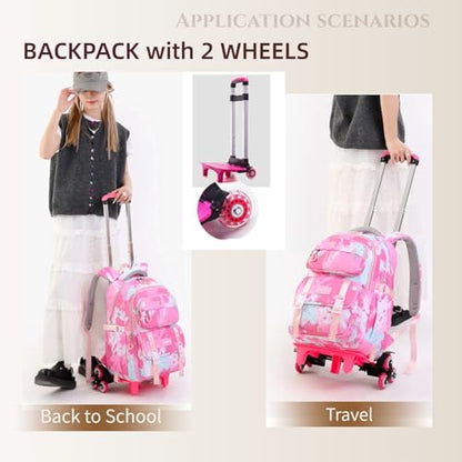 Kids Rolling Backpack for Girls School Backpack with Wheels for Girls Wheeled Bookbags Roller Trolley Bags for Primary Students, 2-Wheel Pink - color: 2 Wheels Pink