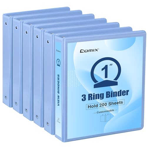 COMIX Standard 3 Ring Binder 1 inch with Clear View Cover, 1" Round Ring View Binder Holds 200 Sheets of US Letter Size Paper for School Office Supplies, 6 Pack (Pale Blue) - color: Pale Blue, size: 1 inch