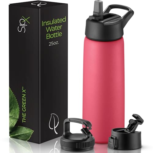 SipX™ 25 oz Insulated Water Bottle with 3 Lids – Leakproof Stainless Steel, Triple Insulated – Cold 24 Hours/Hot 12 Hours – Durable Bottle for School, Gym, Travel – Red - color: Red, size: 25 Ounces