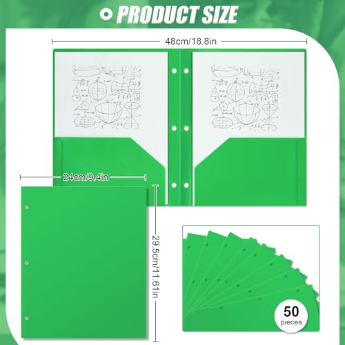Yeaqee 50 Pcs Plastic Folders with Pockets Bulk 3 Hole Punched 2 Pocket File Folders for 3 Ring Binder Divider Folder for Notebooks, Durable Poly for Office Home (Green) - color: Green